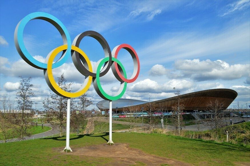 Queen Elizabeth Olympic Park - the Olympic Rings with the Velodrome behind